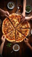 alto tiro di condivisa Pizza raffigurante culinario diletto e Comunità ai generativo foto