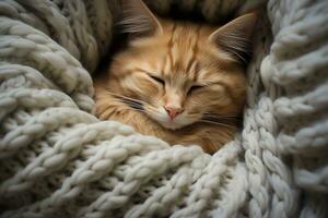 un' gatto arricciato su addormentato su un avorio cavo maglia lenzuolo, sembra calmante e tranquillo, calmo. comfort, pace e calore atmosfera. ai generato. foto