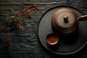 superiore giù Visualizza di un' giapponese getto ferro tè bollitore, seduta Il prossimo per un' ceramica tè tazza, ispirato di wabi-sabi estetica. ai generato. foto