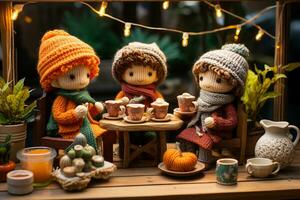 miniatura carino a maglia bambole seduta a un' tavolo con tazze di tè. un' tè festa per tre gli amici. ai generato. foto