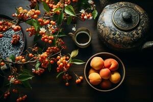 dall'alto al basso Visualizza di un' diffusione di di stagione asiatico frutta e sakura fiori Il prossimo per un' getto tetsubina teiera. flatlay composizione, indiretta luce del sole. ai generato. foto