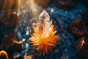 un' raggiante esagonale sagomato quarzo cristallo su un' mucchio di rocce, illuminato di luce del sole. ai generato. foto