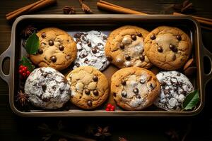 un' vassoio di appena al forno Natale biscotti - zucchero, Pan di zenzero, e cioccolato patata fritta - ad arte organizzato, tiro a partire dal sopra. ai generato. foto