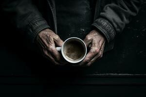 un' senza casa uomo Tenere un' tazza di caffè nel il suo mani. visto a partire dal sopra, drammatico nero e bianca composizione. ai generato. foto