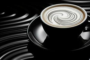 avvicinamento di il superiore di un' cappuccino tazza e piattino in piedi su un' lucido tavolo, con un' modello di vorticoso liquido. nero lacca, astratto arte, alto contrasto nero e bianca Immagine. ai generato. foto