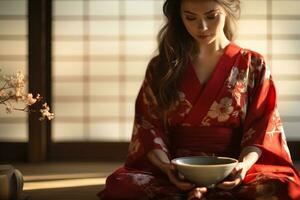 vicino su Visualizza di un' giapponese donna nel un' rosso chimono seduta in stile seiza, con ceramica ciotola per tè cerimonia. ai generato. foto