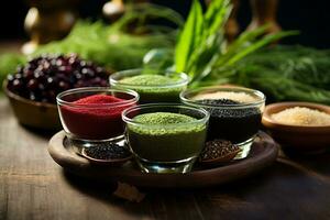 wheatgrass e superfood ingredienti - chia, cacao, maca, spirulina, frutta - disposte nel ciotole e bicchieri piace un' ancora vita. ai generato. foto