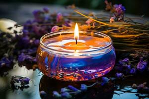 bellissimo terme candele con essenziale oli e secco erbe aromatiche impostato nel cera - lavanda, eucalipto, camomilla. ai generato. foto