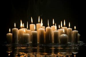 ancora vita di bianca candele ardente solo su un' bagnato, nero superficie. drammatico davanti illuminazione, sereno umore. ai generato. foto