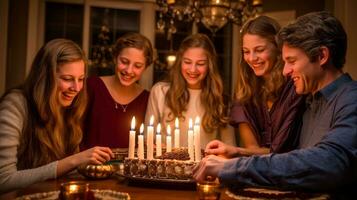 contento esteso ebraico famiglia festeggiare hanukkah mentre raccolta a cenare tavolo, lume di candela quello brilla brillantemente, generativo ai illustrazione foto