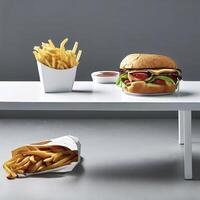 davanti Visualizza pasto bianca scrivania con francese patatine fritte e Sandwich su il grigio pavimento. ai generativo foto