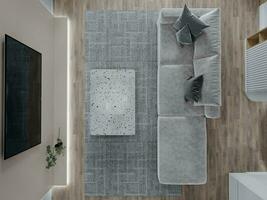 grazioso accoppiamento divano con tappeto per un' inteligente vivente camera 3d interpretazione foto