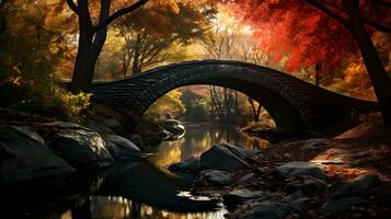 autunno paesaggio con ponte e fiume nel il foresta. autunno stagione ai generato foto