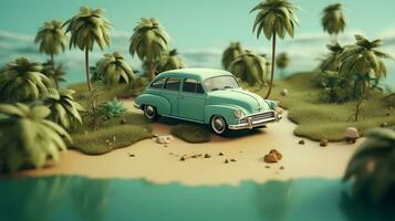 Vintage ▾ auto con bagaglio su il spiaggia. estate vacanza concetto ai generato foto