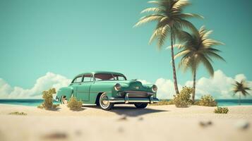 Vintage ▾ auto su il spiaggia con palma alberi ai generato foto