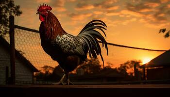 Gallo su un' azienda agricola a tramonto. bellissimo Gallo nel il villaggio ai generato foto