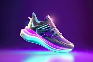 futuristico moda originale scarpe da ginnastica. futuro design di elegante gli sport scarpe con neon incandescenza, futuristico urbano estetica. abbigliamento sportivo, stile e moda, Domani calzature. ai generativo foto