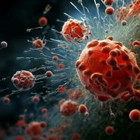 microsopic di rosso virus batteri attacco sangue cellule .medico e scienza ricerca concetto.generativo ai foto