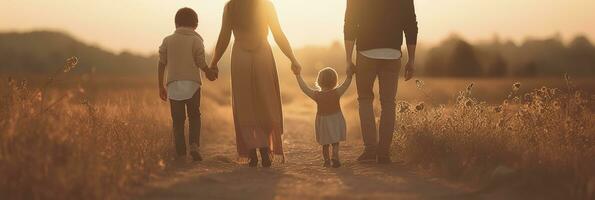 contento famiglia madre padre e figlia camminare su natura su tramonto hold mano. ai generativo foto