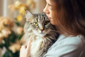 ritratto di giovane donna abbracciare carino cat.pet concetto.ai generato foto