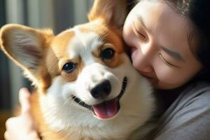 ritratto di donna abbracciare carino corgi cane. animale domestico concetto foto