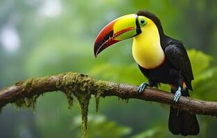 castagno mandibolato tucano seduta su il ramo nel tropicale pioggia con un' verde giungla. generativo ai foto