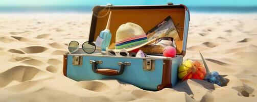 spiaggia preparazione, Accessori nel valigia su sabbia. generativo ai foto