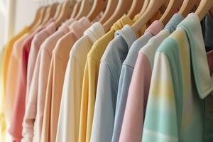 colorato Abiti su un' capi di abbigliamento cremagliera, pastello colorato guardaroba nel un' shopping memorizzare o Camera da letto, arcobaleno colore Abiti scelta su grucce, casa armadio concetto Immagine. ai generativo foto