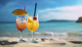 cocktail bicchiere su il sabbioso spiaggia vicino il mare nel estate volta. generativo ai foto