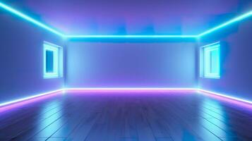 vuoto parete nel un' futuristico sci fi vivente camera con leggero giallo, leggero ciano, e leggero blu neon. ai generativo foto