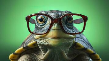 un' carino poco verde tartaruga con occhiali, creare ai foto