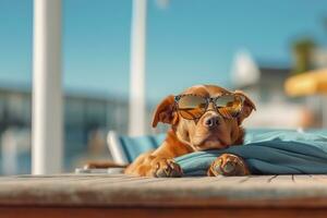 cane cucciolo indossare occhiali da sole, dire bugie su un' lettino per prendere il sole a il spiaggia mare su estate vacanza, vacanze. divertente concetto. ai generativo foto