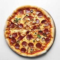 gustoso superiore Visualizza affettato Pizza italiano tradizionale il giro Pizza su bianca sfondo. ai generativo foto