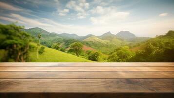 vuoto di legno tavolo e bellissimo paesaggio su sfondo, ai generativo foto