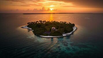 aereo Visualizza di un' faro di un' lusso ricorrere con bungalow su un' piccolo isola a tramonto, laccadivo mare, indiano oceano, Maldive arcipelaghi, generativo ai foto