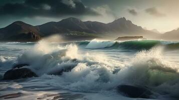 onde Crashing su un' spiaggia con un' montagna nel il sfondo. generativo ai foto