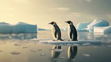 Due pinguini In piedi su fusione ghiaccio nel artico oceano globale riscaldamento concetto, mondo globale pianeta clima modificare. generativo ai foto