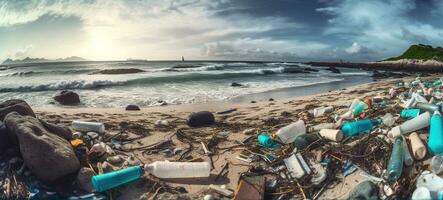 spiaggia pieno di spazzatura e plastica sciupare. ambientale e riciclare concetti. generativo ai foto