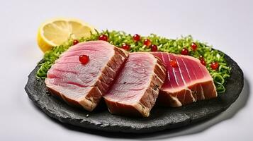 squisito ahi tonno bistecca fette infusa con fresco erbe aromatiche. generativo ai foto