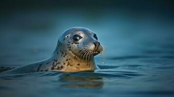 atlantico grigio sigillo, aliciero Gripo, animale nuoto nel il oceano onde, ritratto nel il buio blu acqua con mattina luce, generativo ai foto