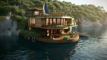 un' barca con un' simpatico Casa in giro acqua ai generato Immagine foto