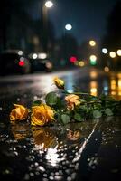 città notte pioggia strada bagnato di pioggia strada luci un' pochi rosa ai generato Immagine foto