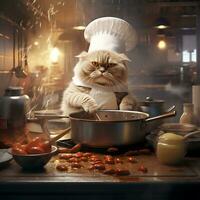 un' gatto capocuoco nel un' ristorante cucinando cibo nel un' cucina foto