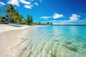 tropicale spiaggia nel Maldive con pochi palma alberi e blu laguna, sorprendente bianca spiagge di mauritius isola. tropicale vacanza, ai generato foto