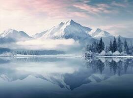 un' bellissimo paesaggio nel inverno con montagne riflessa su il lago foto