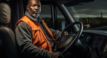 un' camion autista è guida un' camion con un arancia veste foto
