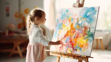 un' poco ragazza pittura un astratto pittura su un cavalletto foto