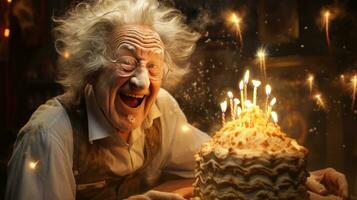 vecchio uomo con compleanno torta foto