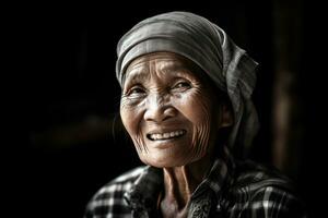 anziano donna sorridente nel un pomeriggio foto