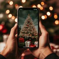 un' mano Tenere un' Telefono con un' Natale albero sfondo foto